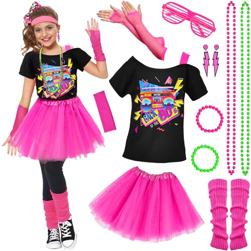 80er Jahre Outfit für Kinder Mädchen 80er Jahre Accessoires T-Shirt, Tutu, Stirnband, Neon Ohrringe, Halskette, Armband, Beinlinge, Netzhandschuhe, Brille für Mädchen 10 11 12 13 14 15 16 17 18 Jahre von Tacobear