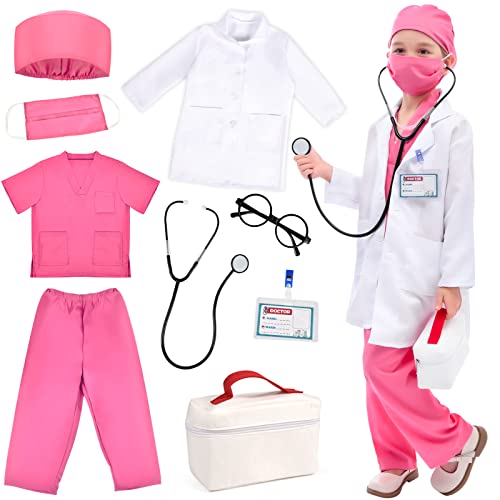 Arztkoffer Kinder Kostüm Arzt Kinder Arztkittel Kinder Verkleidungskiste mit Doktor Rollenspiel Zubehör Fasching Halloween Geschenke für Kinder Jungen Mädchen 3 4 5 6 7 8 9 10 Jahre (rosa, 140) von Tacobear