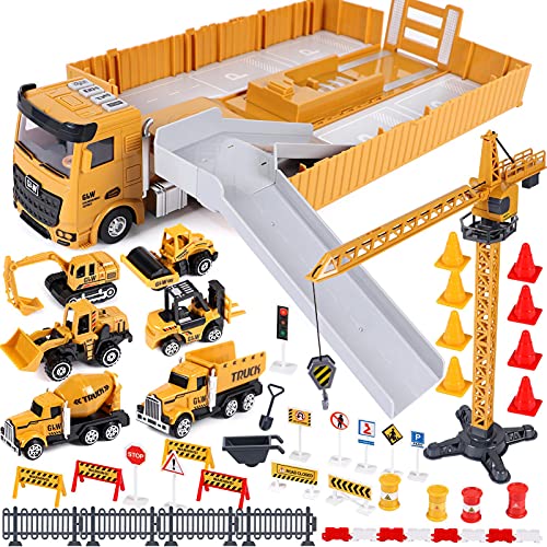 Baufahrzeuge Kinder groß LKW Fahrzeug Spielzeug mit Kran Spielzeug Bagger Dampfwalze Planierraupe Lastwagen Betonmischer Gabelstapler Konstruktionsfahrzeuge Spielzeug Geschenk für Jungen 2 3 4 5 Jahre von Tacobear