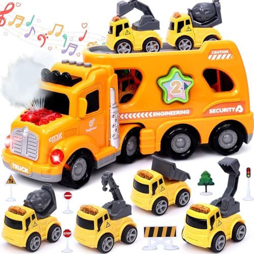 Baustellenfahrzeuge Spielzeug LKW Autotransporter Spielzeug mit Wasserspritze Licht und Musik, 4 Mini Spielzeugautos, 5 in 1 Baufahrzeug Auto Spielzeug Geschenk für Kinder Jungen ab 2 3 4 5 Jahre von Tacobear