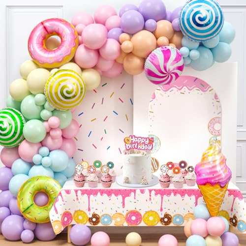 Donut Geburtstagsdeko Mädchen mit Pastell Luftballons Girlande Tischdecke Eiscreme Folienballons Tortendeko Eiscreme Party Deko Party Zubehör Kindergeburtstag Babyparty Dekoration für Mädchen Kinder von Tacobear