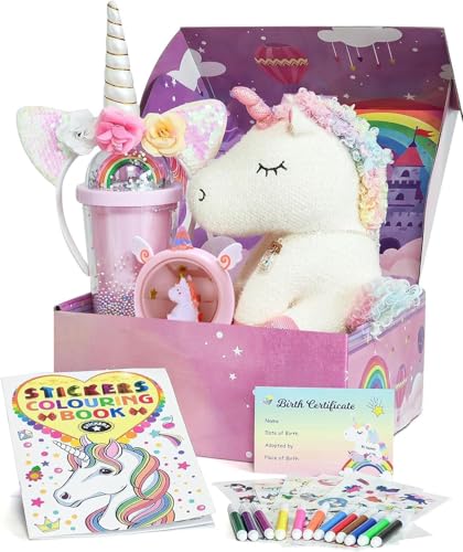 Einhorn Geschenke für Mädchen 3 4 5 6 7 8 Jahren, Einhorn Kuscheltier & Einhorn Nachtlicht & Wasserbecher & Halskette & Haarreif & Malbuch, Einhorn Spielzeug Geschenk für Kinder Mädchen 3-8 Jahren von Tacobear