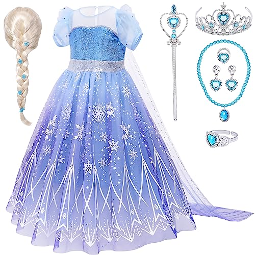 Elsa Kostüm Mädchen Eiskönigin Prinzessin Kleid mit Elsa Perücke Krone Armband Zauberstab Prinzessin Kostüm für Mädchen 3 4 5 6 7 8 9 10 Jahren Geburtstag Karneval Halloween Weihnachten Verkleidung von Tacobear