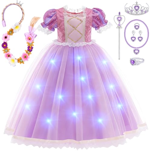 Leuchtend Prinzessin Kostüm Kleid für Mädchen LED Prinzessin Lila Festkleid mit Verkleidung Perücken, Zauberstab und Krone Verkleidung Geburtstag Party Weihnachten Halloween Karneval Cosplay von Tacobear