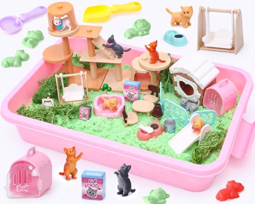 Magic Sand, Tierpflege Spielzeug Magic Sand Koffer mit 1kg Knetsand, Katzefiguren Miniatur Hundehaus Möbel, 8 Sandform & 5 Sandwerkzeug, Sensorisch Sandspielzeug Zaubersand Geschenk Kinder (Katze) von Tacobear