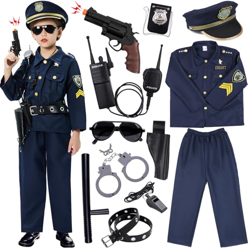 Polizei Kostüm Kinder mit Polizei Ausrüstung Polizei Hemd Hosen Polizeimütze Handschellen Polizeiabzeichen Gürtel Sonnenbrille Walkie Talkie Polizei Spielzeug für Kinder Jungen Halloween Karneval (XS) von Tacobear