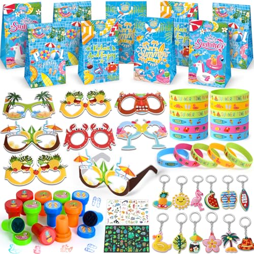 Pool Sommer Mitgebsel Kindergeburtstag Gastgeschenke Jungen Mädchen mit Geschenktüten Brille Armbänder Tattoo Sticker, Strand Hawaii Party Deko Spielzeug Kinder Pinata Füllung Give Aways Mitbringsel von Tacobear