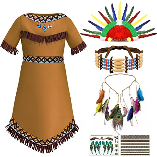 Indianer Kostüm Kinder Mädchen Indianer Kleid mit Kopfschmuck Feder Stirnband Haarschmuck Choker Halskette Tattoo Faschingskostüme Kinder Mädchen 4 5 6 7 8 9 10 Jahre Karneval Halloween Party Cosplay von Tacobear