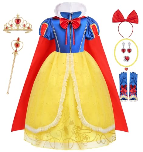 Schneewittchen Kostüm Kinder Prinzessin Kostüm Mädchen Schneewittchen Kleid mit Haarband Krone Handschuhe Zauberstab Prinzessin Kleid Mädchen für Karneval Geburtstag 3 4 5 6 7 8 9 10 11 12 Jahre (140) von Tacobear