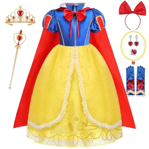 Schneewittchen Kostüm Kinder Prinzessin Kostüm Mädchen Schneewittchen Kleid mit Haarband Krone Handschuhe Zauberstab Prinzessin Kleid Mädchen für Karneval Geburtstag 3 4 5 6 7 8 9 10 11 12 Jahre (130) von Tacobear