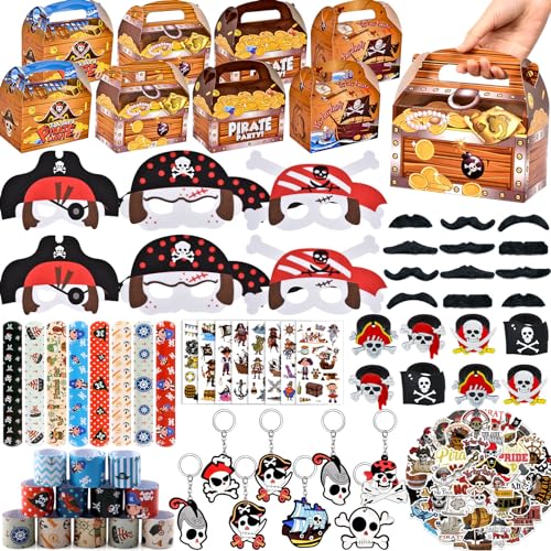 Tacobear 114Stk Piraten Mitgebsel Kindergeburtstag Piraten Maske Schatzkiste Geschenkbox Schnapparmband Schlüsselanhänger Ringe Tattoos Aufkleber Schnurrbart Piraten Party Gastgeschenke Geburtstag von Tacobear