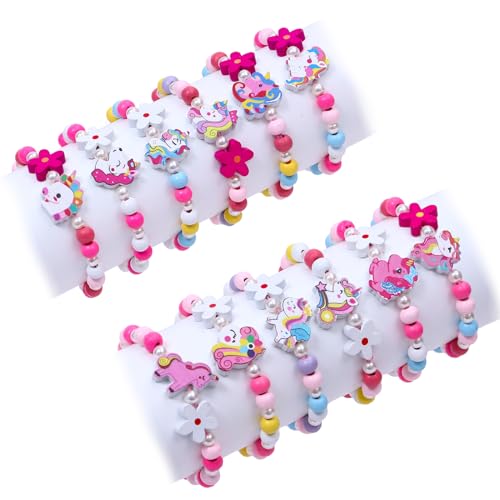 Tacobear 12 Stück Einhorn Armband Mädchen Bunte Holz Blumen Einhorn Schmuck Freundschaftsarmband für Weihnachten Party Mitgebsel Kindergeburtstag Mädchen Kleine Geschenke Kinder von Tacobear