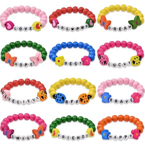 Tacobear 12 Stück Holz Armbänder für Mädchen Freundschaftsarmband Kinder Bunte Perlen Armband Blumen Schmetterling Herz Armband Schmuck Kinder Mädchen für Party Mitgebsel Kindergeburtstag Geschenke von Tacobear