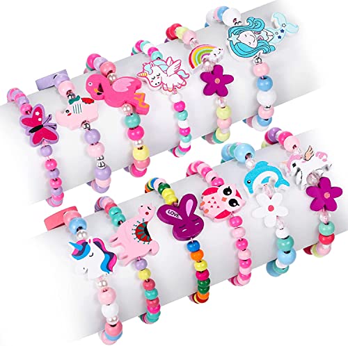 Tacobear 12Stk Holz Armbänder für Mädchen Einhorn Armband Blumen Tiere Eule Schmetterling Freundschaftsarmband Schmuck Kinder Mitgebsel Kindergeburtstag Mädchen Geschenke von Tacobear