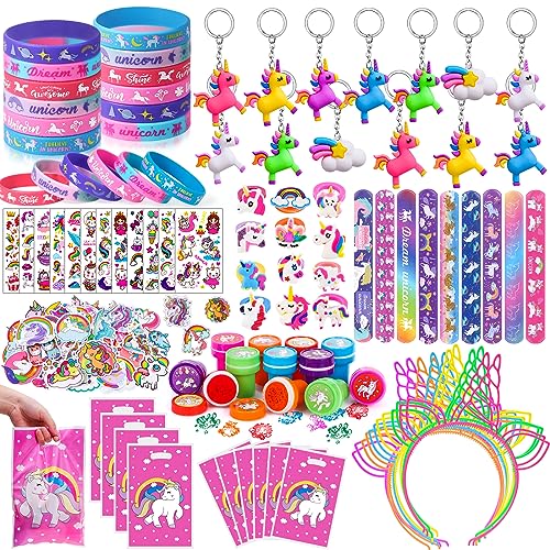 Tacobear 146Stk Einhorn Party Mitgebsel Kindergeburtstag Mädchen Give Aways Gastgeschenke mit Einhorn Haarreif Schlüsselanhänger Schnapparmband Ringe Stempel Geschenktüten Geburtstag Mitbringsel von Tacobear