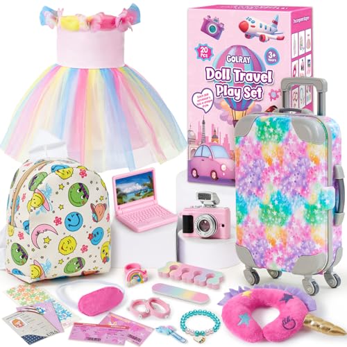 Tacobear 19-teiliges Puppen Reiseset mit Puppenkoffer Puppe Kleid Rucksack Nackenkissen Kamera, Puppenzubehör für 46cm Puppen Rollspiel Spielzeug Geschenk Mädchen Kinder von Tacobear