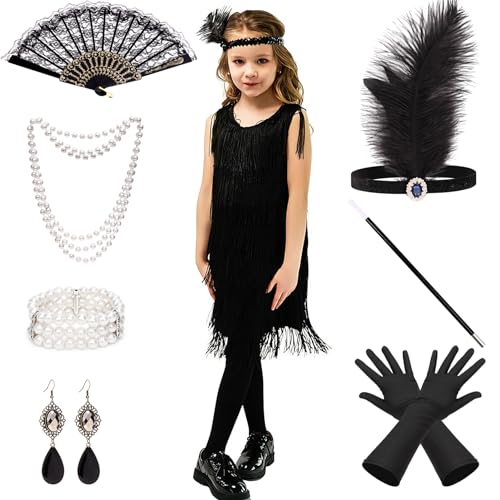 Tacobear 20er Jahre Kleid 1920er Jahre Accessoires Flapper Kleid Kopfschmuck Faltfächer Halskette Armband Ohrringe Handschuhen Zigarettenhalter Charleston Kleid Fasching Karneval Kostüm Mädchen von Tacobear