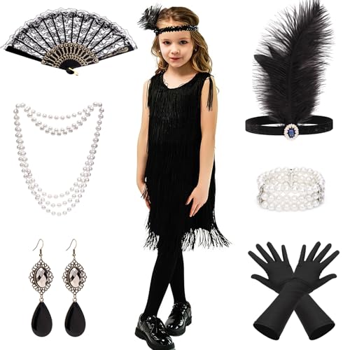 Tacobear Charleston Kleid 1920er Jahre Accessoires Flapper Kleid Kopfschmuck Faltfächer Halskette Armband Ohrringe Handschuhen Fasching Karneval Kostüm Mädchen von Tacobear