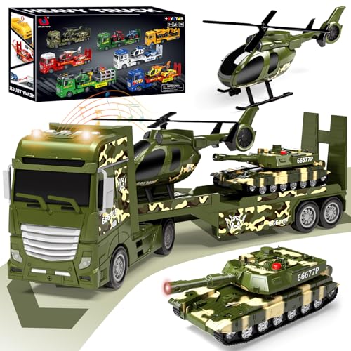 Tacobear Militär Lastwagen Spielzeug Geschenke ab 2 3 4 5 Junge groß LKW Spielzeug & Hubschrauber Panzer Abnehmbar Anhänger, Reibungsbetrieb Militär Autotransporter Spielzeug Geschenkideen Kinder Jung von Tacobear