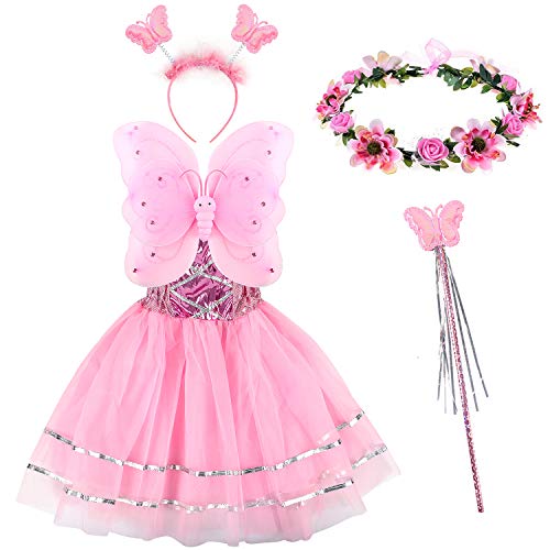 Tacobear 5 Stück Feenkostüm Kinder mit Feenflügel Feenkleid Blumenkranz Haare Schmetterling Fee Haarreif Haarband Feen Zauberstab Halloween Party Prinzessin Fee Kostüm Zubehör für Mädchen (Rosa) von Tacobear