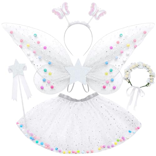 Tacobear Feenkostüm Mädchen Kinder Schmetterlingflügel Fee Kostüm Set Mädchen Tutu Wings Feenkleid Zauberstab Haarreif Halloween Party Prinzessin Feen Flügel Kostüm Kinder 3 4 5 6 7 8 Jahre von Tacobear