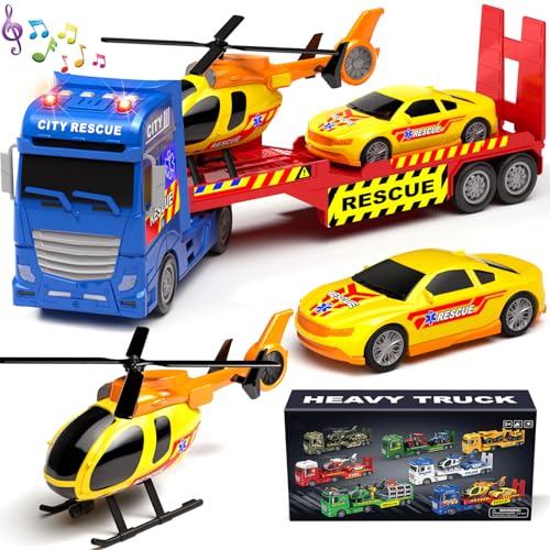 Tacobear Abschleppwagen Lastwagen Spielzeug groß Transporter LKW Spielzeug mit Hubschrauber Rennauto Abnehmbar Anhänger, Reibungsbetrieb Autotransporter Spielzeug Geschenk Kinder Jungen 2 3 4 5 6 Jahr von Tacobear