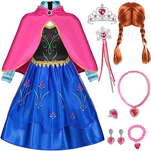 Tacobear Anna Kostüm Mädchen mit Umhang Anna Perücke Prinzessin Krone Zauberstab Zubehör Anna Kleid Prinzessin Verkleidung für Halloween Karneval Weihnachten Party Fasching Cosplay (100, 2-3 Jahre) von Tacobear