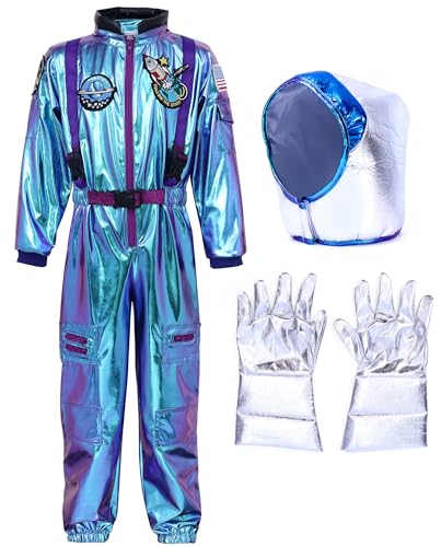 Tacobear Astronaut Kostüm Kinder Laser Blau Space Kostüm Astronaut Helm Handschuhe Astronaut Jumpsuit Verkleidung für Cosplay Karneval Halloween Faschingskostüme Kinder Jungen Mädchen(S) von Tacobear