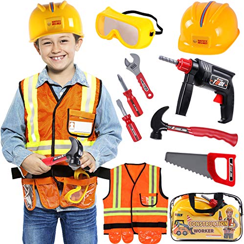 Tacobear Bauarbeiter Kostüm Kinder Handwerker Kinderkostüm Rollenspiel Set mit Spielwerkzeug Goggle Schutzhelm Bohrmaschine Spielzeug für Kinder Jungen Karneval Halloween Fasching von Tacobear