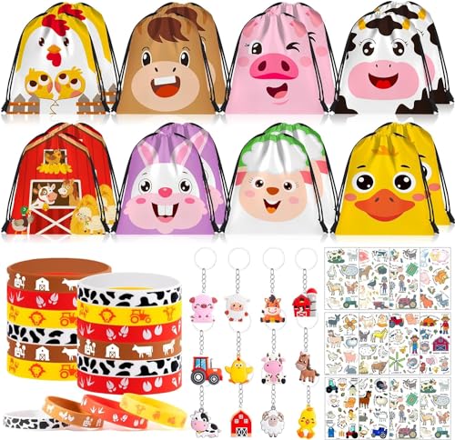 Tacobear Bauernhof Party Mitgebsel Kindergeburtstag Jungen Mädchen Gastgeschenk mit Bauernhoftiere Rucksack Kordelzug Schlüsselanhänger Silikon Armband Give Aways Kindergeburtstag für Kinder von Tacobear