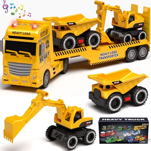 Tacobear Baufahrzeuge Lastwagen Spielzeug Geschenke ab 2 3 4 5 Junge groß LKW Spielzeug & Bagger Muldenkipper Abnehmbar Anhänger, Reibungsbetrieb Autotransporter Spielzeug Geschenkideen Kinder Jungen von Tacobear