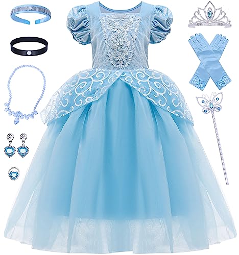 Tacobear Cinderella Kleid Mädchen Cinderella Kostüm Kinder Prinzessin Kleid Mädchen Prinzessin Kostüm mit Krone Handschuhe Verkleidung für Geburtstag Party Weihnachten Halloween Karneval (110) von Tacobear