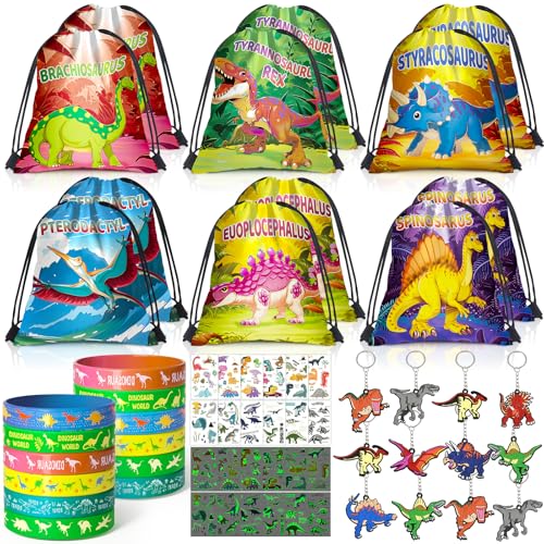 Tacobear Dinosaurier Mitgebsel Kindergeburtstag Dinosaurier Party Mitgebsel Jungen Gastgeschenk mit Rucksack mit Kordelzug Schlüsselanhänger Tattoo Aufkleber Silikon Armband Give Aways für Kinder von Tacobear