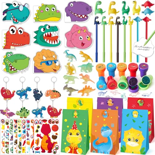 Tacobear Dinosaurier Party Mitgebsel Kindergeburtstag Jungen Mädchen mit Notizbuch Gelstift Geschenktüte Dino Figuren Aufkleber Stempel Schlüsselanhänger Dino Give Aways Gastgeschenke Pinata Füllung von Tacobear