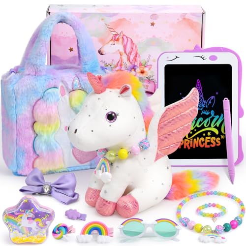 Tacobear Einhorn Geschenke für Mädchen 3 4 5 6 7 8 Jahre Einhorn Kuscheltier Zaubertafel Handtasche Schmuckset Mädchen Kinder Einhorn Spielzeug Weihnachten Geburtstagsgeschenk Mädchen ab 3-8 Jahren von Tacobear