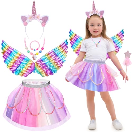 Tacobear Einhorn Kostüm Kinder mit Einhorn Haarreif Flügel Tüllrock Halskette Armband Zauberstab Prinzessin Einhorn Kostüm Set für Mädchen 3 4 5 6 7 8 Jahre Halloween Karneval Fasching Party von Tacobear