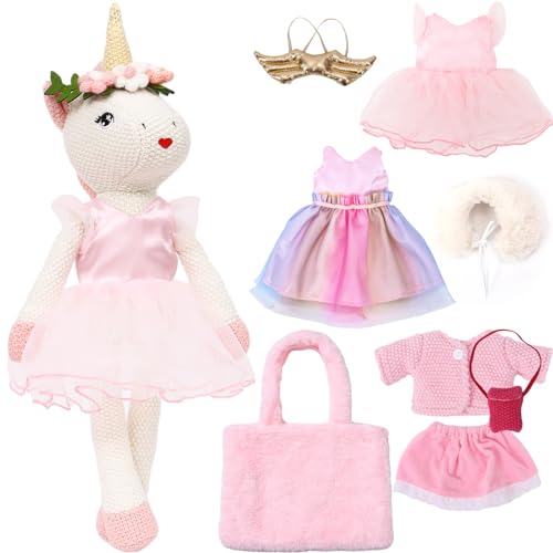 Tacobear Einhorn Geschenke Mädchen 3 4 5 6 7 Jahren Einhorn Gehäkelte Puppe Doll Kuscheltier Stofftier Plüschtier mit 3 Outfits Flügel Tasche Kinder Einhorn Spielzeug Geschenk für Mädchen von Tacobear