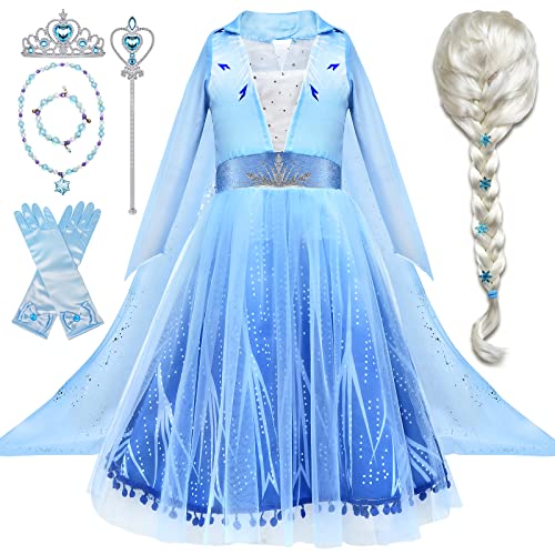 Tacobear Eiskönigin Elsa Kostüm Mädchen mit Elsa Perücke Krone Zauberstab Halskette Armband ELSA Kleid Prinzessin Kostüm Zubehör für Mädchen Karneval Kostüm 2-10 Jahren von Tacobear