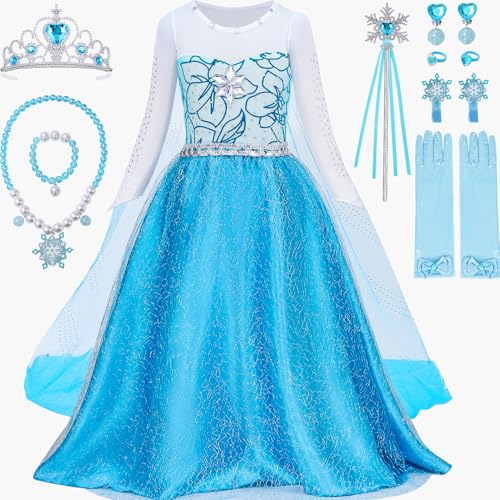 Tacobear Elsa Kostüm Mädchen, Elsa Kleid mit Krone Zauberstab Handschuhe Halskette Schmuck Set Eiskönigin Prinzessin Halloween Weihnachten Geburtstag Geschenke für Mädchen 3 4 5 6 7 8 Jahre (L) von Tacobear