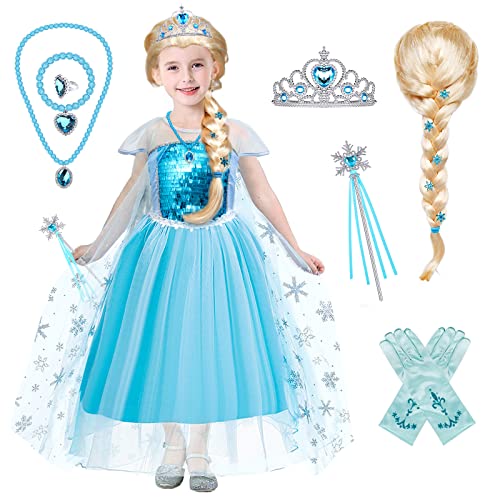 Tacobear Elsa Kostüm Mädchen Elsa Kleid Mädchen Eiskönigin Prinzessin Kleid mit Elsa Kleid Krone Handschuhe Zauberstab Elsa Perücke für Karneval Geburtstagsfeier Geburtstag Mädchen2 3 4 5 6 7 8 9Jahre von Tacobear