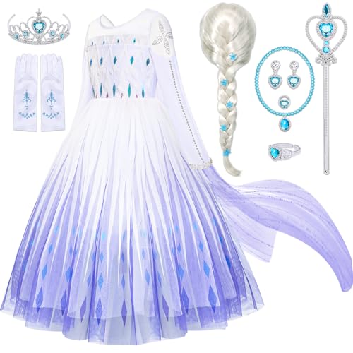 Tacobear Elsa Kostüm Mädchen Prinzessin Kleid Frozen Eiskönigin Elsa Kleid mit Perücke Umhang Krone Weihnachten Geburtstag Geschenke Halloween Kostüm Kinder Mädchen 2 3 4 5 6 7 8 Jahre von Tacobear