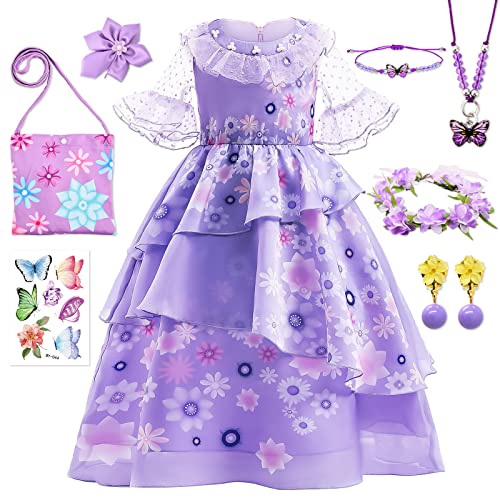 Tacobear Encanto Kostüm Kinder Isabella Mirabel Kleid Dolores Luisa Kostüm mit Umhängetasche Schmuck Tattoo Prinzessin Verkleidung Mädchen für Karneval Halloween Party Geburtstag (Isabella, 3-4 Jahre) von Tacobear