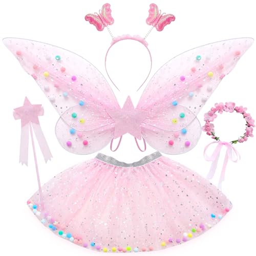 Tacobear Feenkostüm Mädchen Kinder Schmetterlingflügel Fee Kostüm Set Mädchen Tutu Wings Feenkleid Zauberstab Haarreif Halloween Party Prinzessin Feen Flügel Kostüm für Mädchen 3 4 5 6 7 8 Jahre von Tacobear