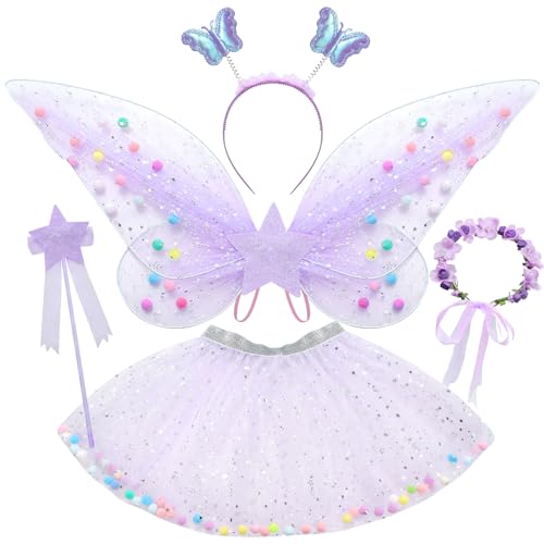 Tacobear Feenkostüm Mädchen Kinder Schmetterlingflügel Fee Kostüm Set Mädchen Tutu Wings Feenkleid Zauberstab Haarreif Halloween Party Prinzessin Feen Flügel Kostüm Kinder 3 4 5 6 7 8 Jahre von Tacobear