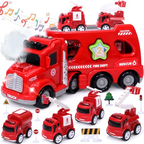 Tacobear Feuerwehrauto Spielzeug LKW Autotransporter Spielzeug mit Wasserspritze Licht und Musik, 4 Mini Spielzeugautos, 5 in 1 Feuerwehr Auto Spielzeug Geschenk für Kinder Jungen ab 2 3 4 5 Jahre von Tacobear