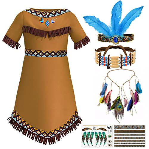 Tacobear Indianer Kostüm Kinder Mädchen mit Indianer Kopfschmuck Feder Stirnband Haarschmuck Choker Halskette Tattoo Indianer Kleid für Karneval Fasching Halloween Party Cosplay (110, 4-5 Jahre) von Tacobear