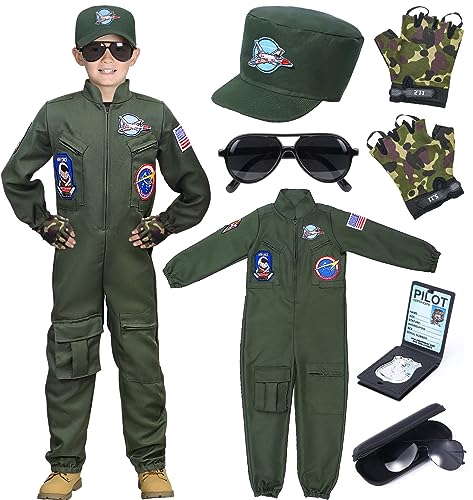 Tacobear Kampfjet Pilot Kostüm Kinder Jungen Flieger Kostüm mit Kappe Handschuhe Sonnenbrille Piloten Overall Uniform Halloween Fasching Karneval Kostüm Cosplay (110, 2-3 Jahre) von Tacobear