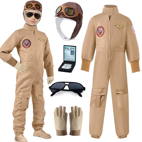 Tacobear Kampfjet Pilot Kostüm Kinder Jungen Militär Soldat Kostüm mit Fliegermütze Sonnenbrille Handschuhe Piloten Overall Uniform Fasching Karneval Kinderkostüm Cosplay (120, 5-6 Jahre) von Tacobear