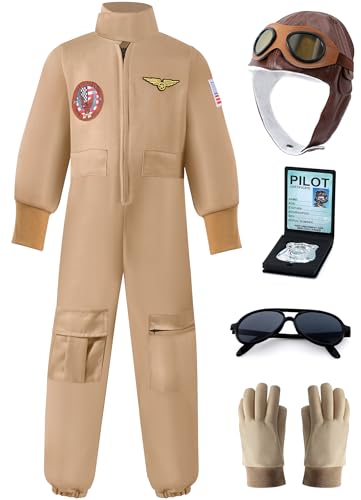 Tacobear Kampfjet Pilot Kostüm Kinder Jungen Militär Soldat Kostüm mit Fliegermütze Sonnenbrille Handschuhe Piloten Overall Uniform Fasching Karneval Kinderkostüm Cosplay (130, 7-8 Jahre) von Tacobear