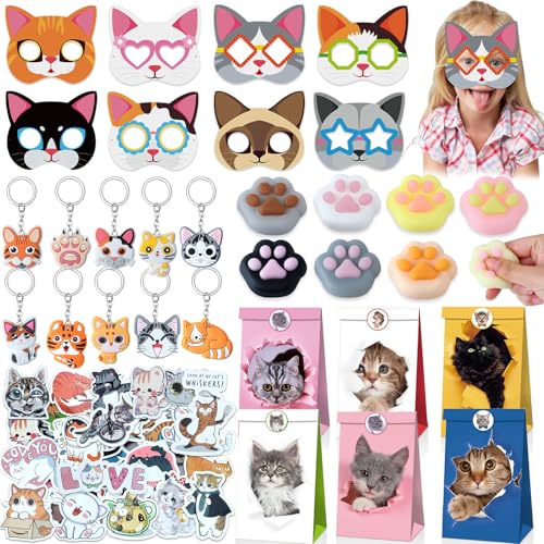 Tacobear Katzen Mitgebsel Kindergeburtstag Give Aways Gastgeschenk mit Geschenktüten Katzen Masken Schlüsselanhänger Aufkleber Squeeze Spielzeug Party Mitgebsel für Kinder 4 5 6 7 8 9 10 Jahre von Tacobear